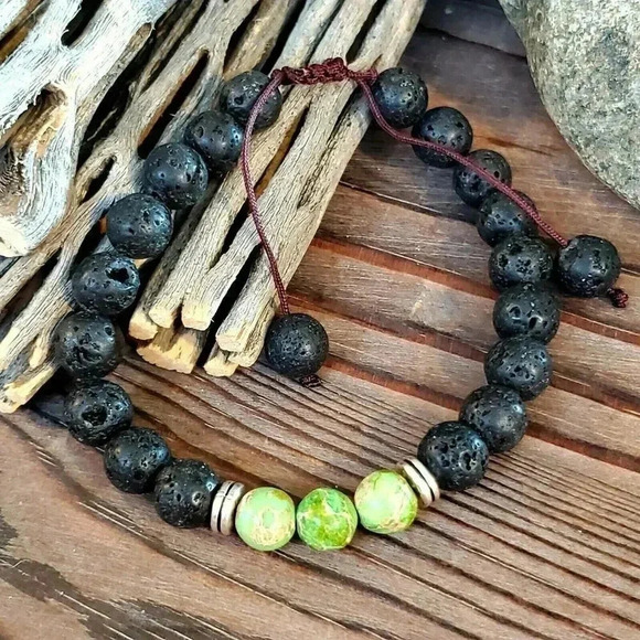 Hand Crafted Chakra Bracelet Green Aqua Terra Jasper Black Lava - Picture 3 of 7